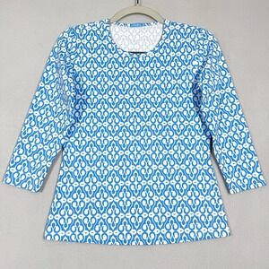 J McLaughlin Top Womens XS Catalina Cloth 3/4 Sleeve Geometric Print Blue White